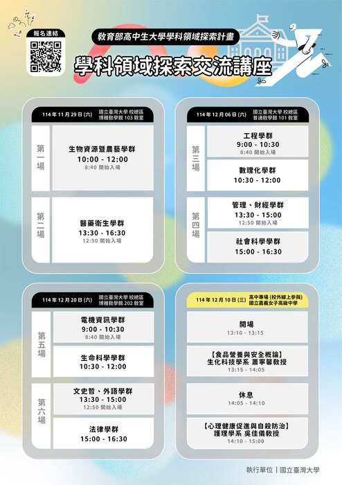 國立臺灣大學「大學學科領域探索交流講座」,鼓勵學生踴躍報名參加。圖片